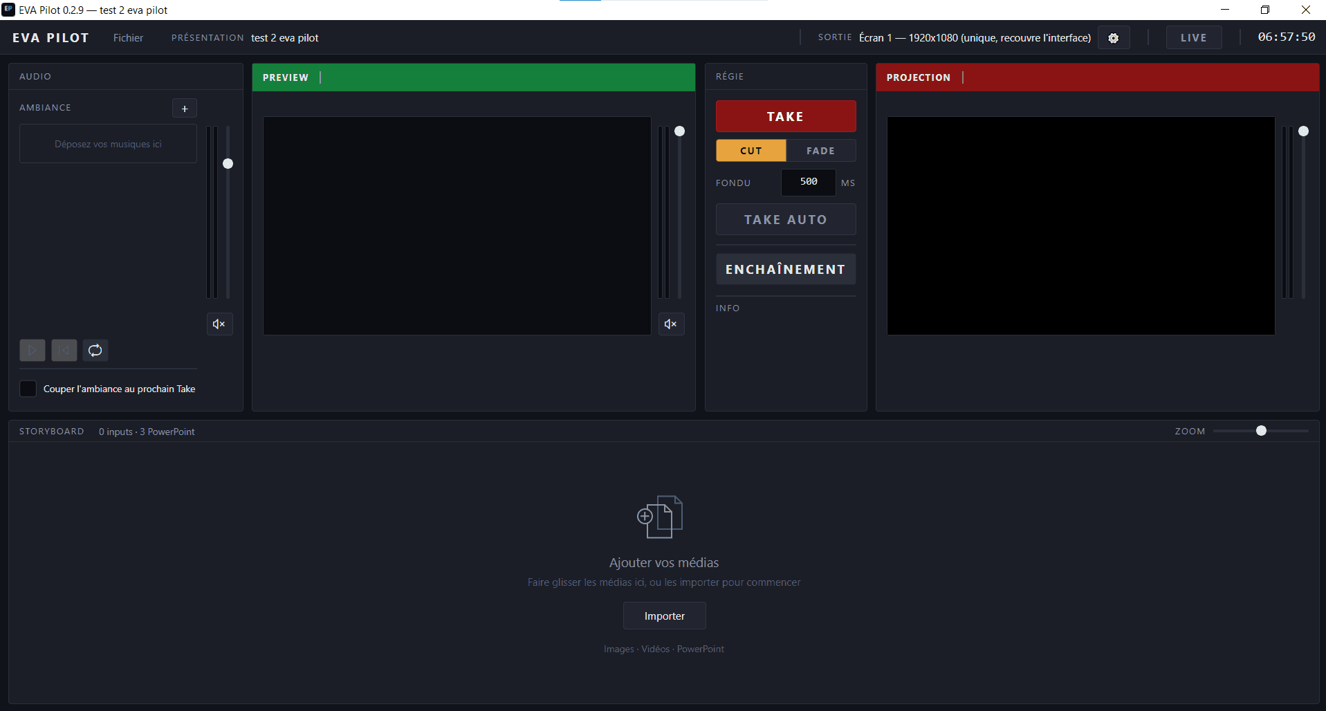 EVA Pilot, storyboard vide : faire glisser les médias ou les importer